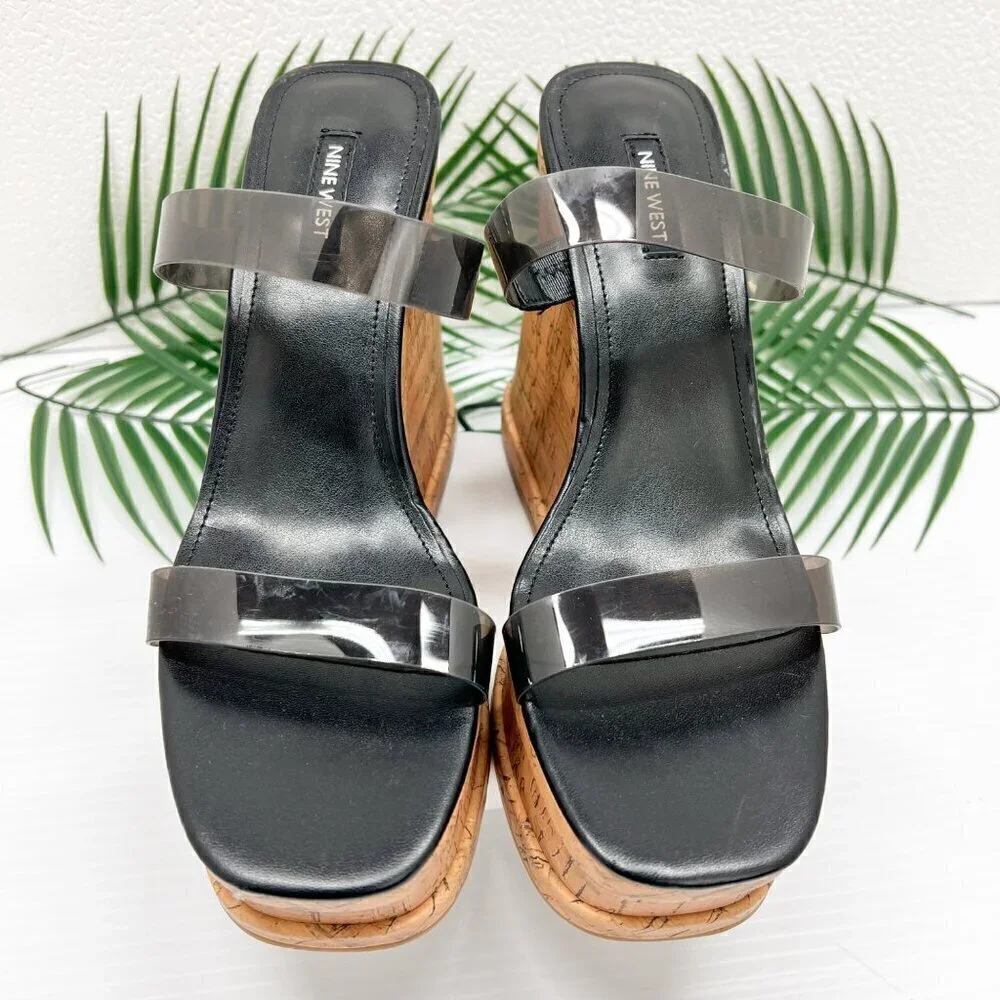 Nine West Rapps Platform Wedge Sandals Size 9.5 Black Tan Square Open Toe